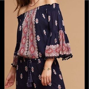 Anthropologie Lilka Bell Sleeve Navy Blue Romper